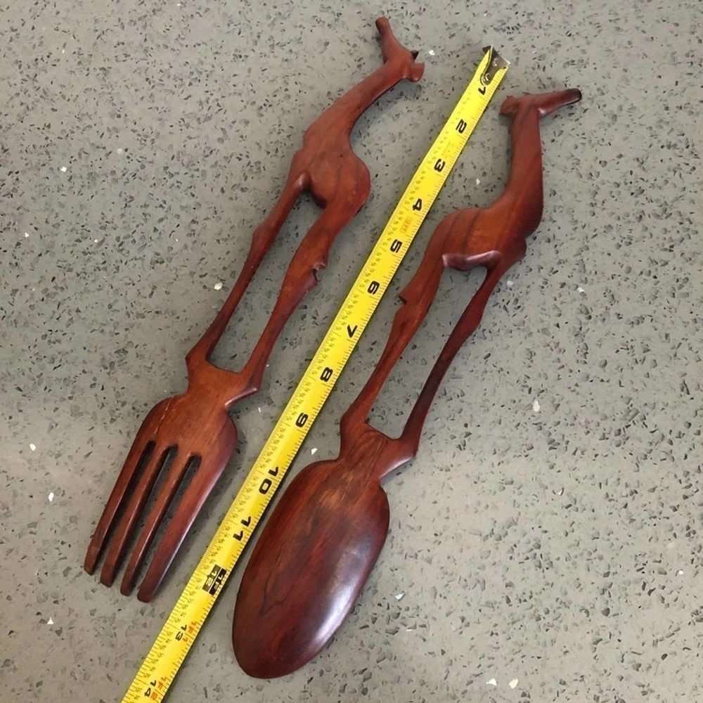 Hand Carved Wood Giraffe Fork and Spoon Serving Set 13 Inch Safari Kitchen Decor